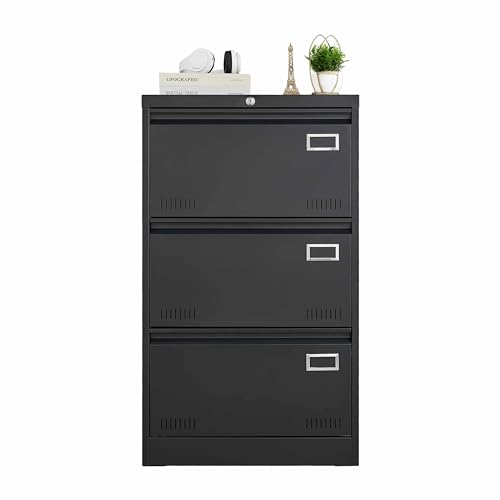 Lateral File Cabinet with 3 Widened Drawer, Metal File Cabinet with Lock, Filing Cabinet for Home Office, Lockable File Storage Cabinets for Legal/Letter/A4, Black+White