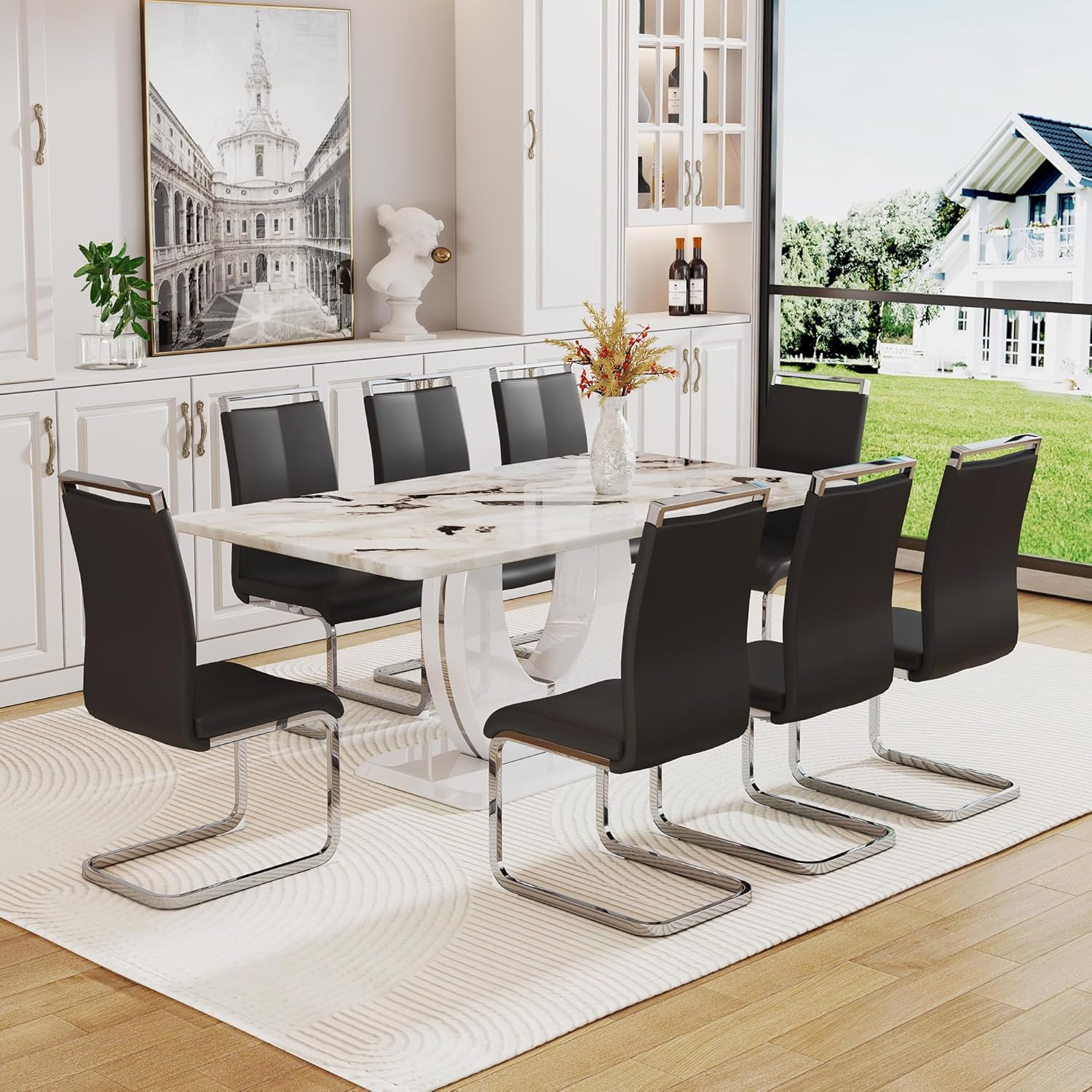 Faux Marble Dining Table Set for 8, 9 Pieces Dining Table Set, 71 inch White Marble MDF Tabletop with MDF U-Shaped Base, Black PU Faux Leather Chairs with Silver Metal Legs, for Dining Room