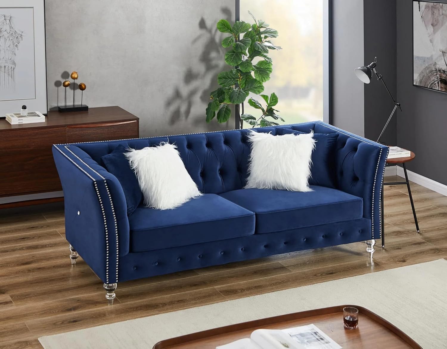 Solid Color Tufted Sofa for Living Room Navy Blue