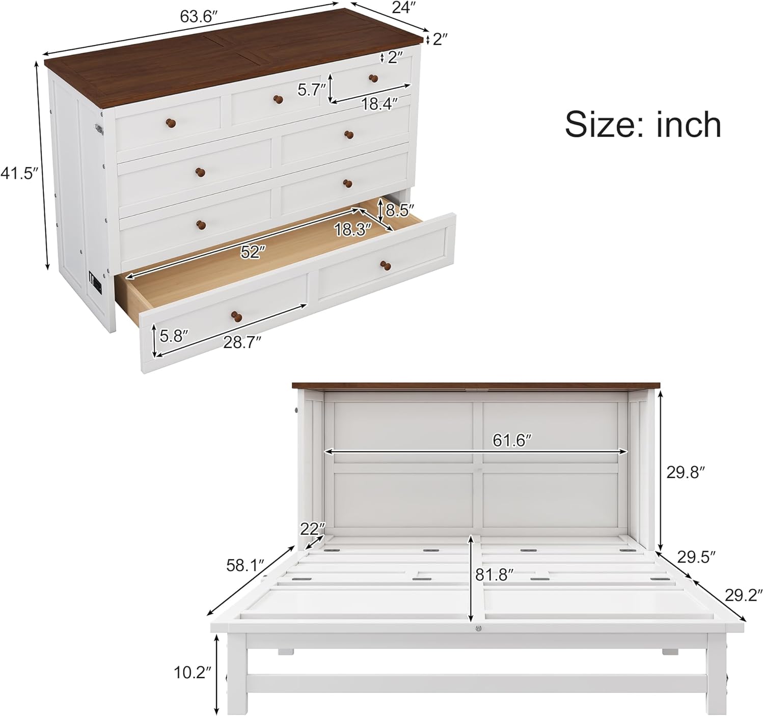 Full Size Murphy Bed Chest with Charging Station and Large Storage Drawer, Foldable Platform Bedframe for Home Office Small Room (White+Walnut)