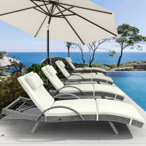YITAHOME Wicker Chaise Lounge Outdoor, Rattan Pool Lounge Chair Reclining Chaise Lounge Set of 2 w/Pull-out Desktop, 5-Position Backrest, Headrest & Cushion, Armrests for Poolside, Beach(Beige)