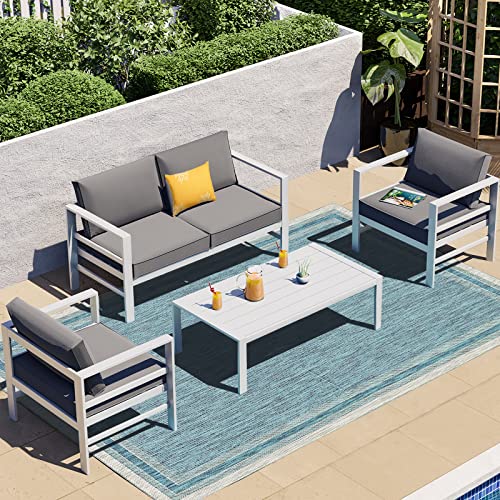4 Piece Cast Aluminum Outdoor Patio Furniture Set, All-Weather 4 PCS Modern Aluminum Outdoor Conversation Sets Metal Patio Sectional Chat Sofa with Coffee Table, Dark Gray