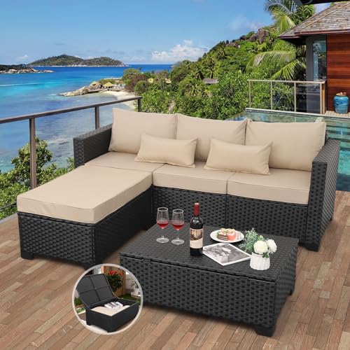 Rattaner Outdoor Furniture Set 3 Pieces Wicker Patio Furniture Outdoor Sectional Patio Couch Outdoor Coffee Table with Storage All-Weather No-slip Cushions Waterproof Covers, Peacock Blue