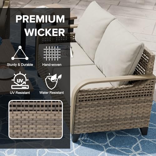 COOS BAY 3 Piece Outdoor Bistro Set, Patio Wicker Bistro Table and Chairs Set of 3, Outdoor Furniture Set w/Wicker Chairs & Side Table, Gray/Brown