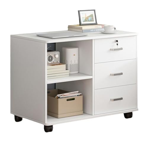 3 Drawer Wood File Cabinet with Wheels, Rolling Office Storage Cabinet, Mobile Lateral Filing Cabinet, Printer Stand with Open Storage Shelves for Home Office White