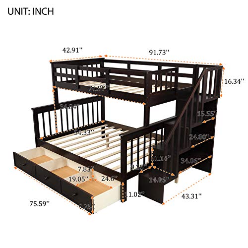 CITYLIGHT Bunk Beds Twin Over Full Size with Stairs, Wooden Bunk Beds with Storage Open Shelves, Stairway Bunk Bed Convertible to 2 Separated Beds,Kids Bunk Beds for Bedroom, Dorm,White