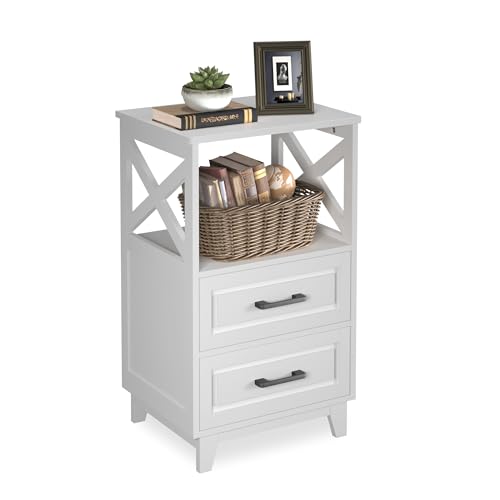 Tall Nightstand, Side Table with 2 Drawers and Open Shelf, Bedside Table with Solid Feet, Modern Night Stand End Table for Bedroom, Living Room, Home Office, White