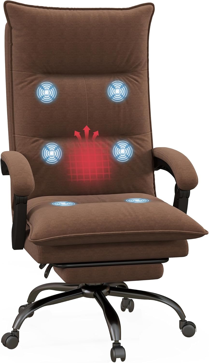 Executive Massage Office Chair with 6 Vibration Points, Microfiber Computer Desk Chair, Heated Reclining Chair with Footrest, Armrest, Double Padding, Brown