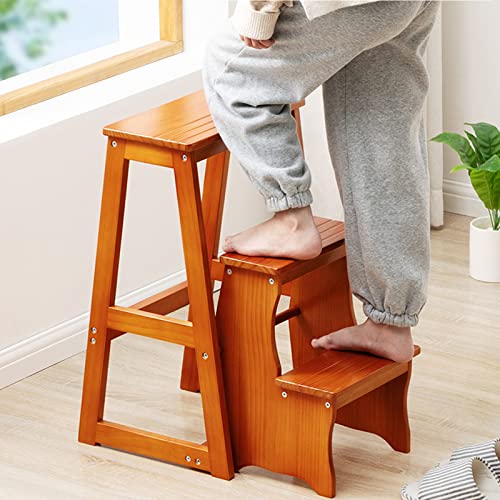 3 Step Solid Wood Folding Ladder Chair, Protable Wooden Step Stool, Convertible Folding Chair Step Stool Display Stand for Adults Office Home Kitchen Outdoor(64cm(25.2