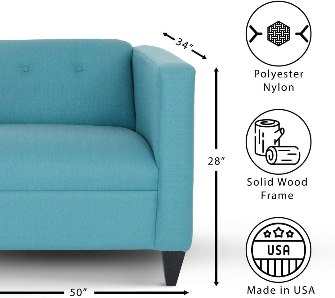 Broadway Teal Loveseat Sofa, Polyester Nylon Upholstery, Mid-Century Modern Design, Solid Wood Frame, Ideal for Small Spaces, Easy Assembly, Made in USA