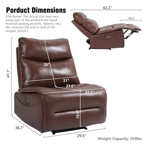 Top Grain Genuine Leather Power Recliner Chair with USB Ports, 33.5