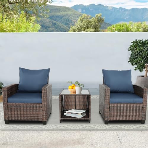 3 Pieces Patio Furniture Set Balcony Furniture PE Rattan Wicker Outdoor Sofa Set with Washable Cushion and Tempered Glass Table to for Balcony,Garden and Poolside (Brown+navy Blue)