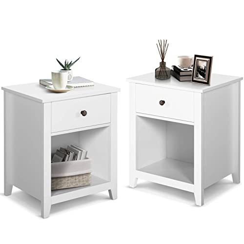 White Nightstand Set of 2, Bedroom Nightstand with 2 Storage Drawers, Modern Night Stand for Bedroom, Wooden Bedside End Table, Bedroom Furniture