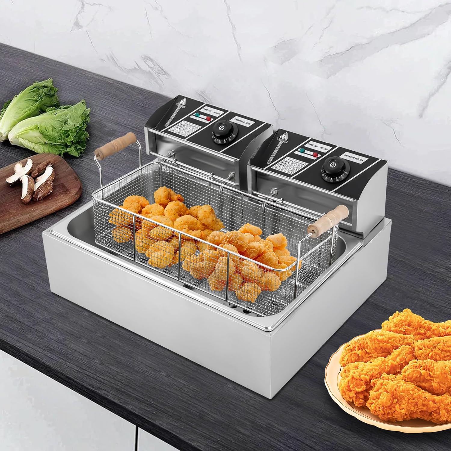 3400W Commercial Deep Fryer,Electric Deep Fryers with Baskets,12L Large-Capacity Frying Machine,0.8mm Thickened Stainless Steel Countertop Oil Fryer,Temperature Control 140-392℉(With Food Clip)