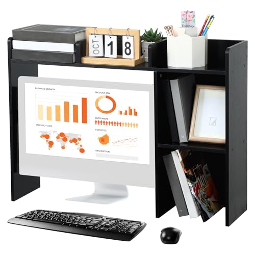 Dorm Desk Bookshelf Dorm Desk Hutch Desk Hutch Organizer with 5 Shelves and 3 Tier Desktop Hutch Storage Organizer for College Dorm Home Office Supply, 32.5 x 23.5 x 8 Inch(Black)