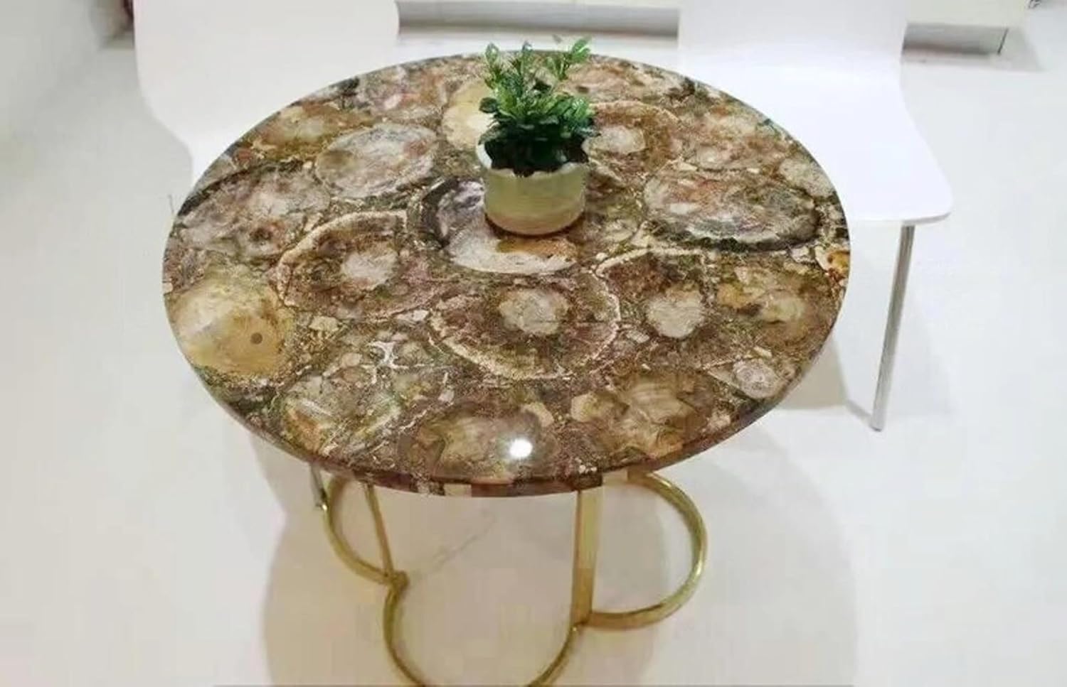 16 x 16 Inches Coffee Table Top Brown Petrified Stone Round Shape Resin Kitchen Side Table with Elegant Look