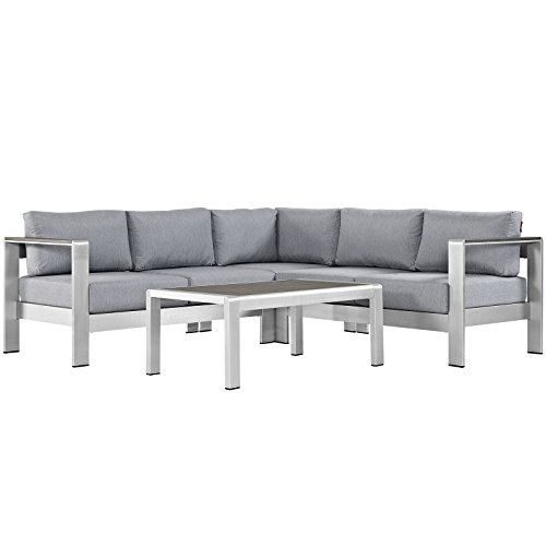Modway Shore 3-Piece Aluminum Outdoor Patio Furniture Set in Silver Gray, Seating For Two