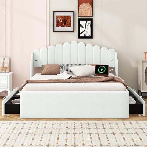 Queen Size Upholstered Platform Bed Frame with 2 USB, Striped Wavy Design Headboard and 4 Drawers Storage, Noise Free, Easy Assembly, Strong Wooden Slats Support, No Box Spring Needed, Pink