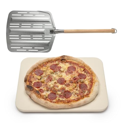 Hans Grill Pizza Stone PRO XL Baking Stone For Pizzas use in Oven, Grill or BBQ FREE Long Handled Anodised Aluminium Pizza Peel | Rectangular Stone 15 x 12