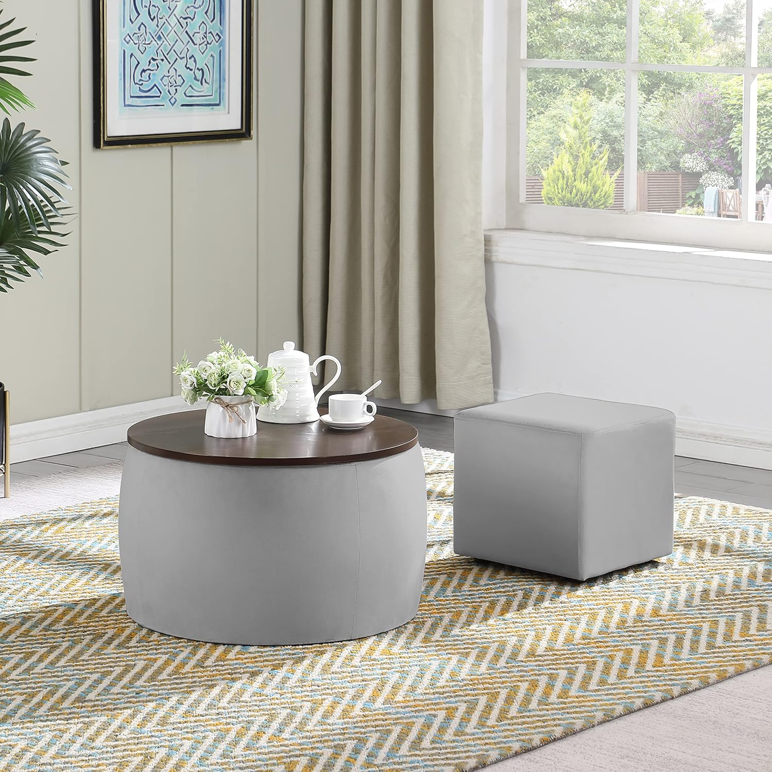 Round Ottoman Set with Storage, 2 in 1 combination, Round Coffee Table, Square Foot Rest Footstool for Living Room Bedroom Entryway Office (Gray)