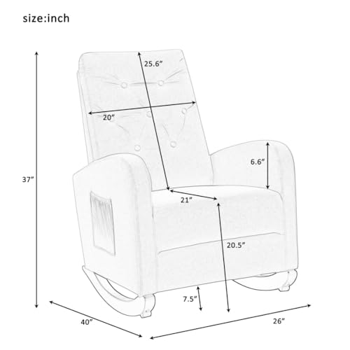 Rocking Chair, Modern Button Tufted Upholstered Nursery Chair with Fabric Padded Seat, Comfy High Back Armchair Sofa Chair with Side Pocket for Office, Living Room, Green
