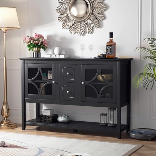 TV Stand Media Console Modern Farmhouse Style, Ample Storage, Adjustable Shelf, Console Table Buffet Table Sideboard with 4 Doors for Dining Living Room Cupboard (Antique white)