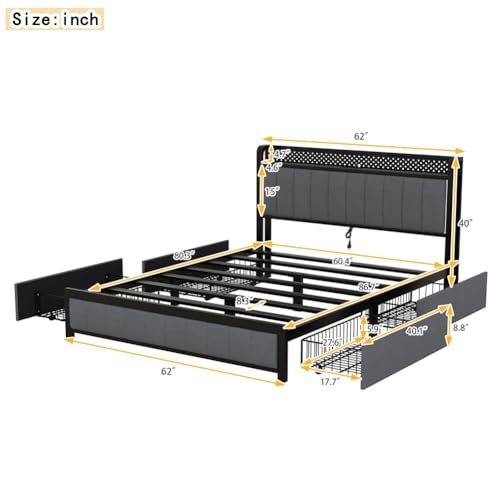 Queen Bed Frame, LED Bed Frame Queen Size with LED Headboard and 4 Storage Drawers, Upholstered Platform Bed with USB Port Sockets, Heavy Duty Wooden Slats Platform Bed Dark Gray