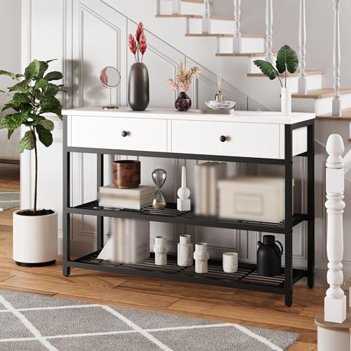 Console Table with 2 Drawers, Entryway Table, 3-Tier Rustic Hallway Table with Metal Frame, Narrow Wood Accent Sofa Table with Storage Shelf for Entryway, Front Hall, Hallway, Living Room White