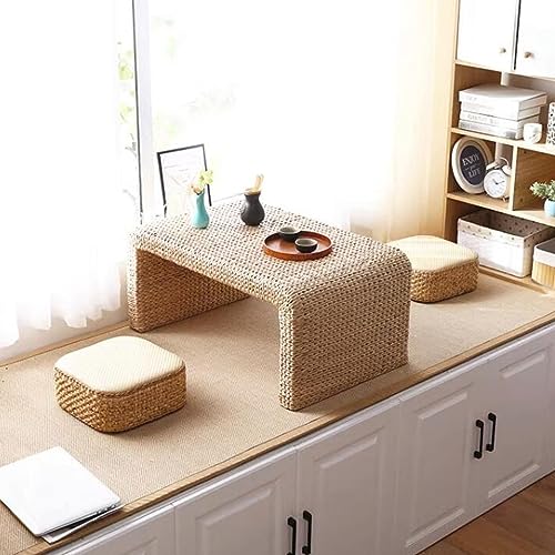 Solid Wood Straw Rattan Coffee Table Tatami Window Table Bedroom Small Dining Table Tea Ceremony Short Table Rectangular Small Table Balcony Floor Table (Size : 100cm)