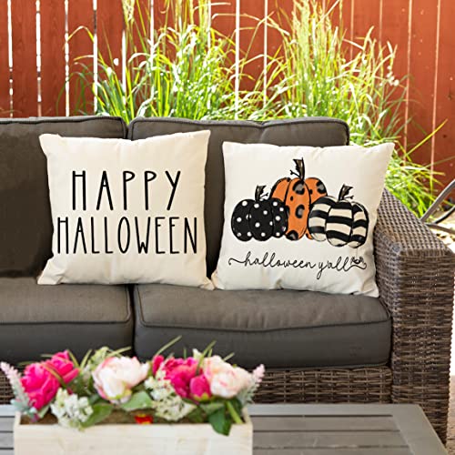 Halloween Pillow Covers 18x18 Set of 4 Vintage Ghost Pumpkins Skull Black Cat Cushion Cases Happy Halloween Sofa Bed Couch Outdoor Farmhouse Decoration