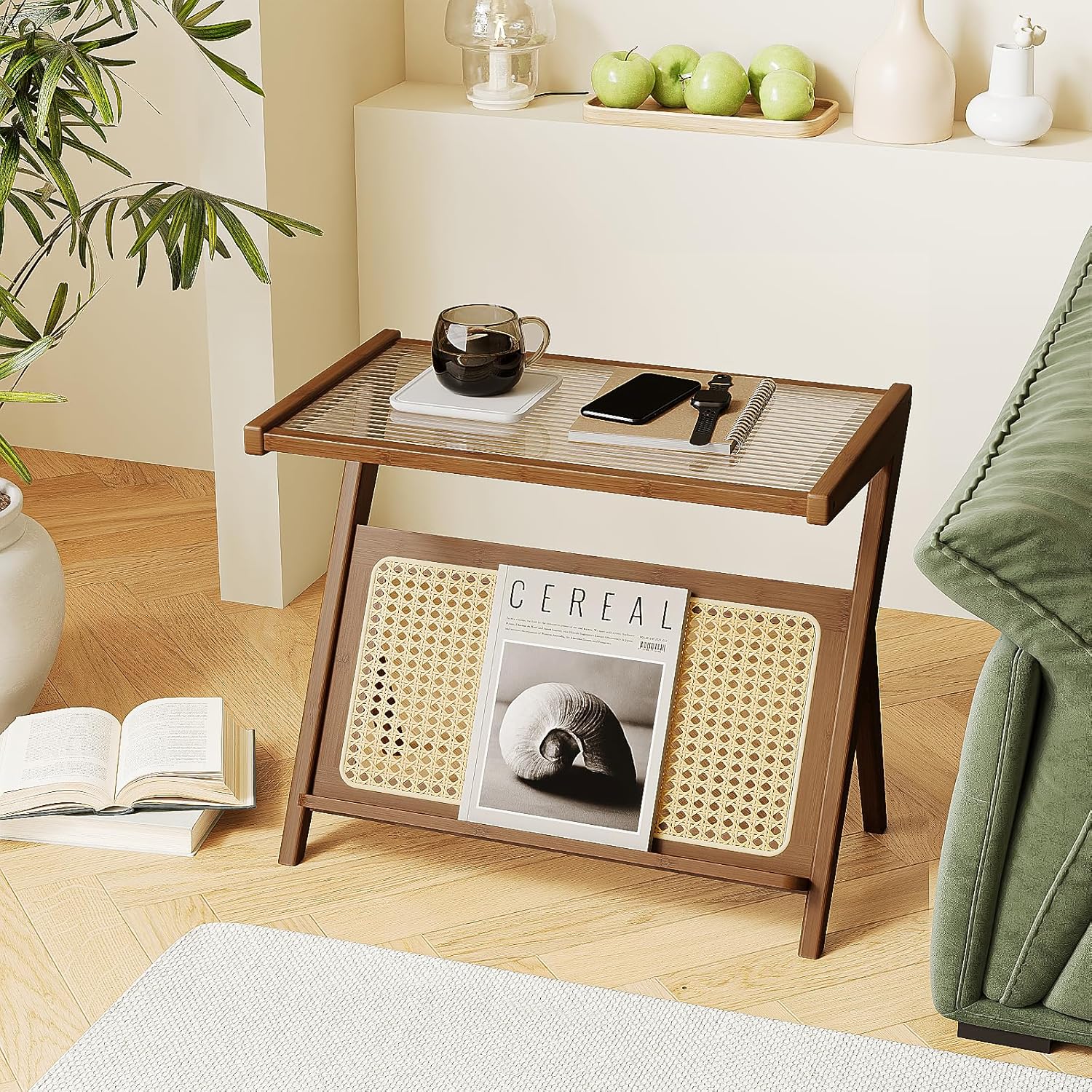 Bamworld 23.6'' L Rattan Side Table Boho NightStand Mid Century Modern End Table Glass Bedside Table Small End Tables Bamboo Coffee Table with Storage Record Player Stand for Living Room Bedroom