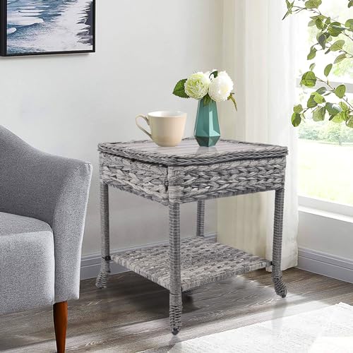 Wicker Side Table，2-Tier Outdoor Side Table with Storage,Rattan End Table Wicker Square Side Table with PE Slatted Desktop for Indoor Outdoor Porch Lawn Poolside Garden Backyard Balcony (1)
