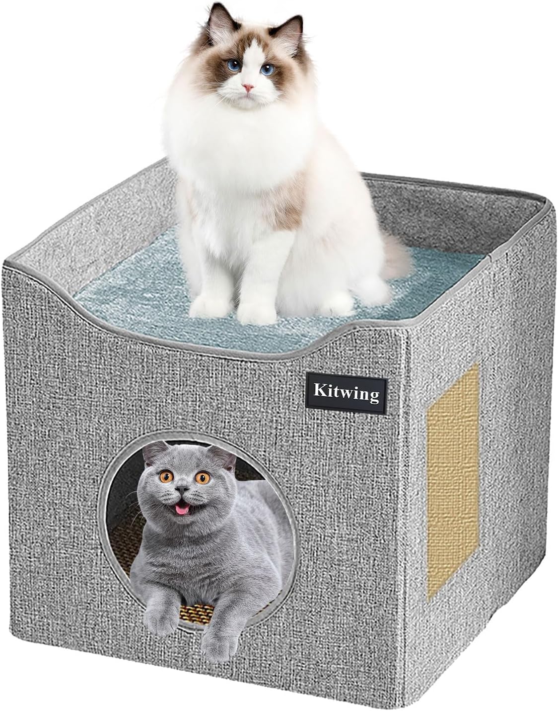 Cat Bed for Indoor Cats, Foldable Cat Hideaway Double Decker Cat House with Scratch Plate, Removable Cat Stuff and Washable Cat Cave for 1-2 Cats, 15.4x15.4x14.2 inches, Grey