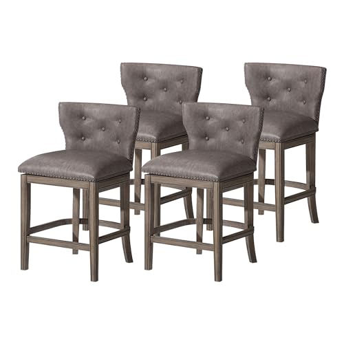 Maven Lane Hugo 26 Inch High Counter Height Barstool with Low Back in Reclaimed Oak Finish with Ronan Stone Vegan Leather Upholstered Seat, Set of 4