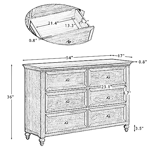 HULALA HOME Traditional Drawer Dresser, Wood Storage Drawers, Wide Storage Dresser with Circle Decorative Hardware & Spindle-Shaped Legs, Chest of Drawers for Bedroom, Living Room, Hallway (Walnut)