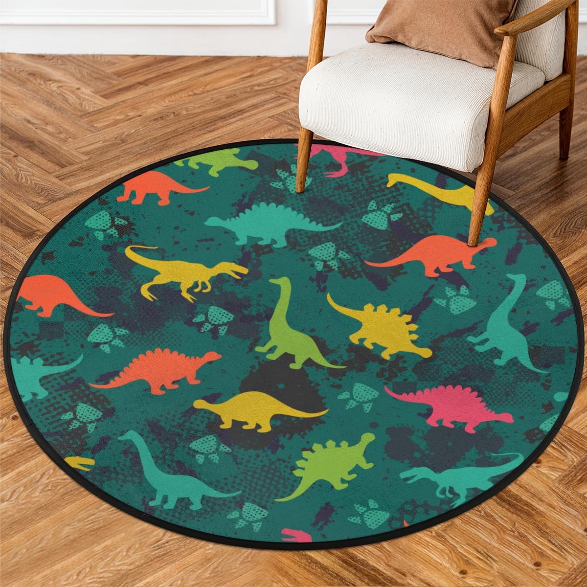 3 Ft Dinosaur Cut Pattern Round Desk Chair Mat Non-Slip Soft Desk Floor Mat Washable Floor Mat for Office Living Room Bedrooms Laundry Room Foyer Doorway
