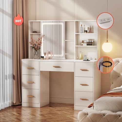 47'' Large Vanity Desk with Mirror and Lights, 7 Drawers, 8 Storage Shelves Vanity Table, Big Makeup Vanity Desk with 3 LED Lighting Modes, Vanity Dresser with Outlet, Sliding Mirror (White)