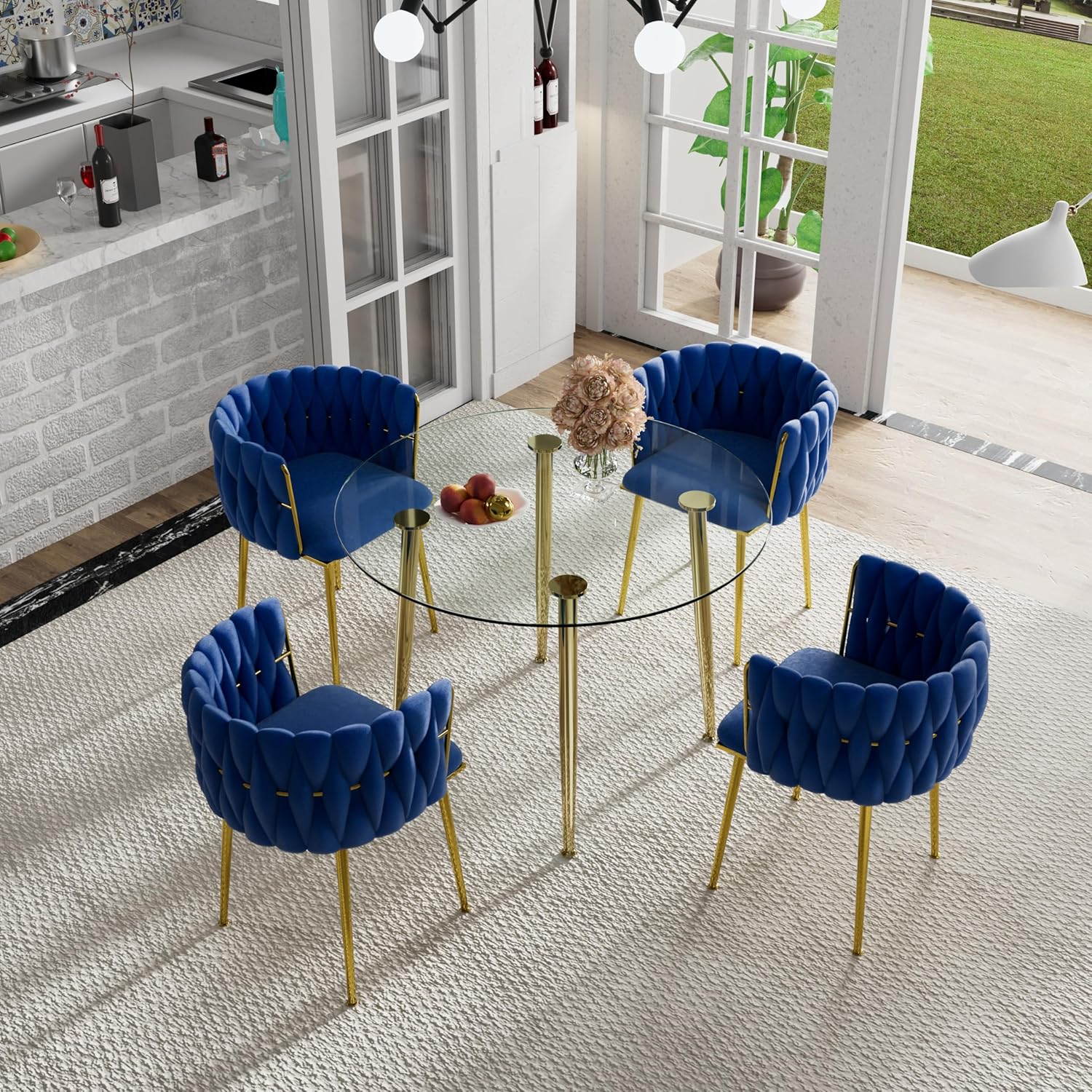 Baysitone Glass Round Dining Table Set for 4, 40'' Small Clear Circle Dining Room Table Set, Circular Kitchen Table Set, 5 PCS Mid Century Modern Dining Table with Blue Woven Chairs for Home (Golden)