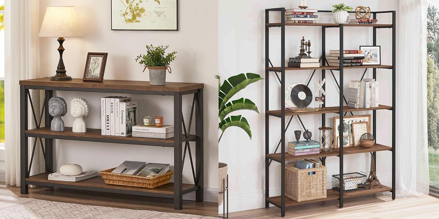 BON AUGURE Rustic Console Table Behind Couch, Farmhouse Large Book Shelves for Living Room and Bedroom(Rustic Oak)