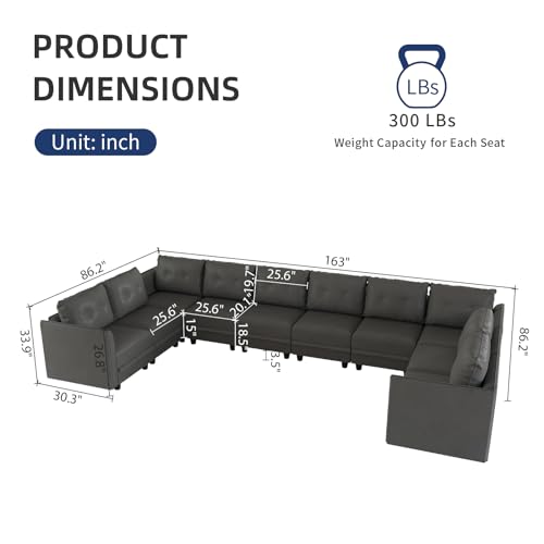 LLappuil Sectional Sofa Faux Leather Fabric Modular Couch with Reversible Chaise, Oversized U Shaped 10 Seater Sectional Set with Storage, Cognac