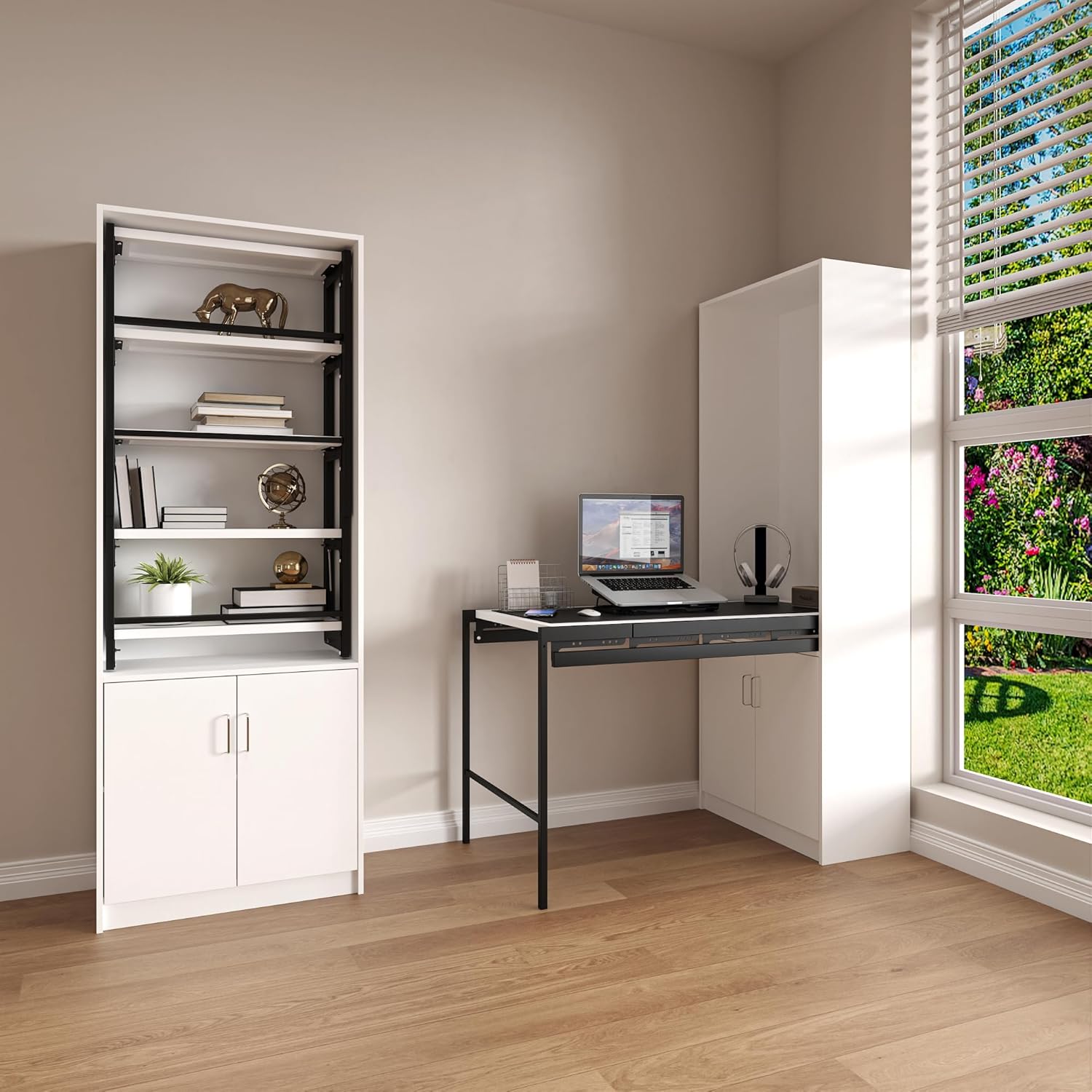 Fold-Out Convertible Cabinet Table with Storage, Wall Mounted Shelves Fold Down Desk, Multifunction Foldable Dining Office Table with Large Storage in Dining Room, Office, Kitchen