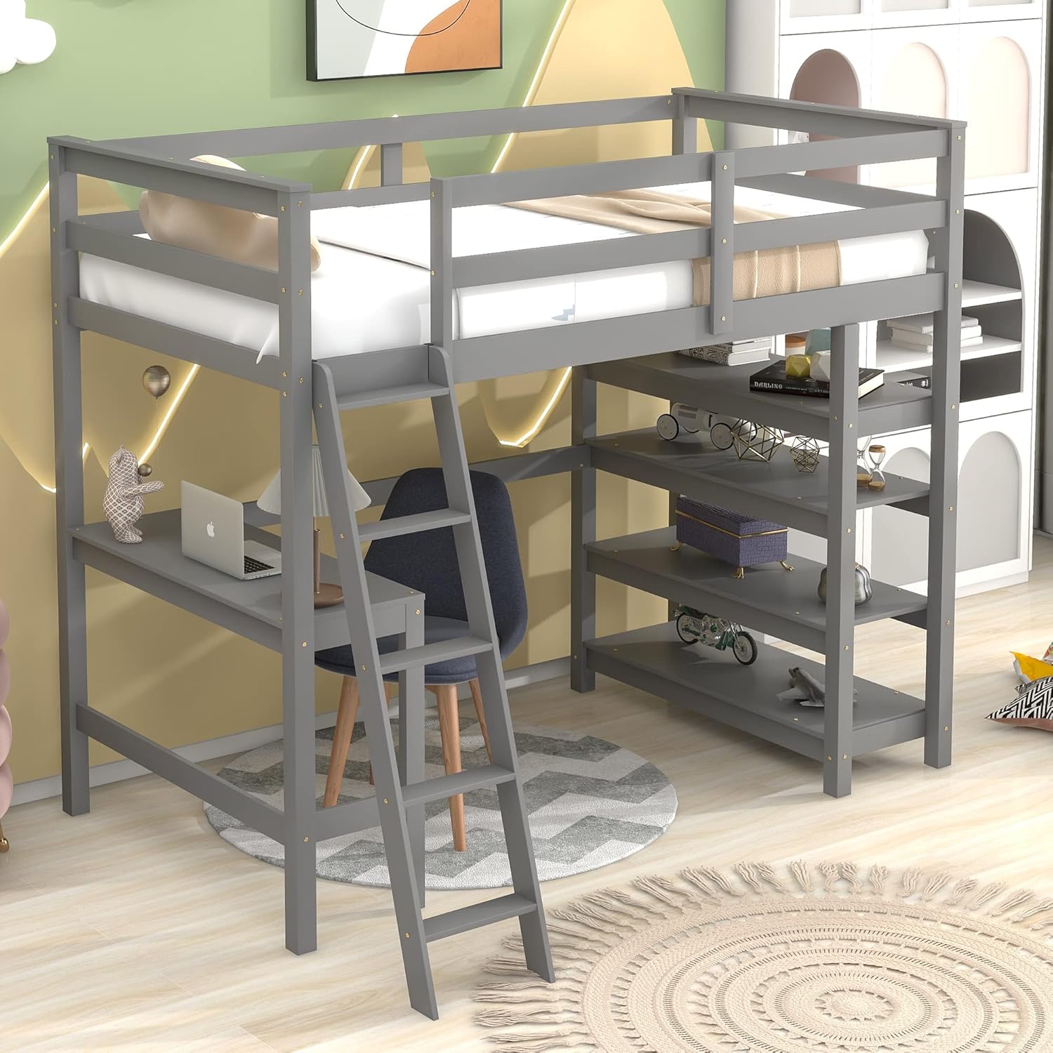Loft Bed Twin with desk,ladder,shelves, Grey