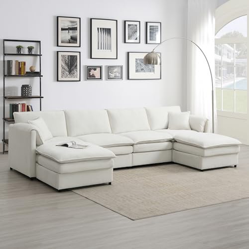 KIVENJAJA 134”W Oversized Cloud Couch Sectional, Chenille U Shaped Modular Sectional Sofa with 2 Ottomans & Pillows, 6 Seater Deep Seat Sleeper Living Room Furniture Set, Cream