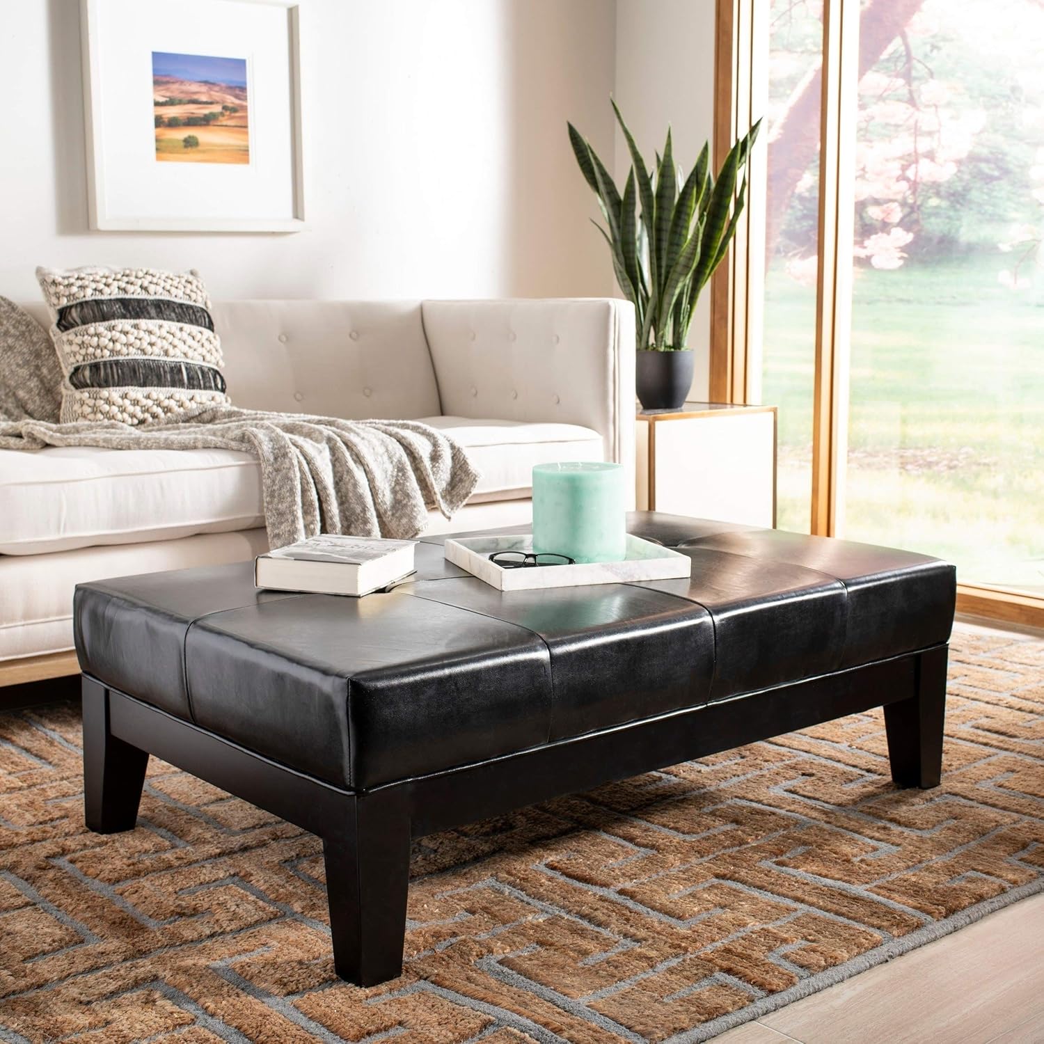 Black Beech Wood and Bicast Leather Cocktail Ottoman Transitional Solid Rectangle Foam Tufted