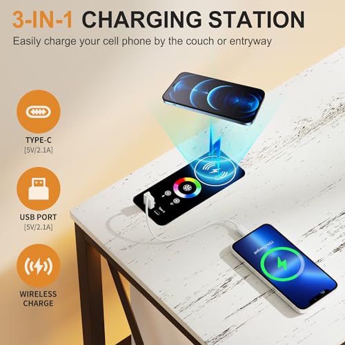 Lvifur 47.2'' RGB Console Sofa Table with Wireless Charging Station,7 Dynamic & 24 Static Dimmable Entryway Table with Human Sensor Light,Entry Table with 4 Fabric Drawers,3-Tier Shelf