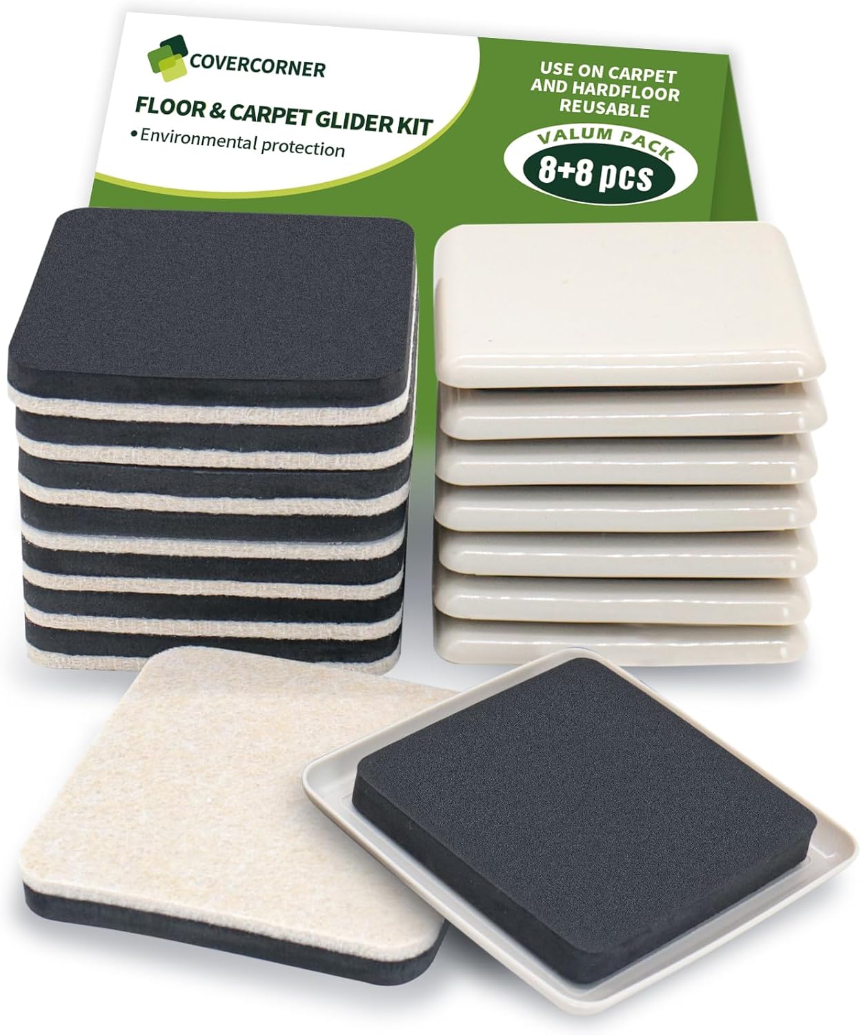 Furniture Sliders for Hardwood Floors, Square Furniture Sliders for Carpet, 16 PCS 3 1/2 inch Combo Pack, Sliders for Moving Furniture