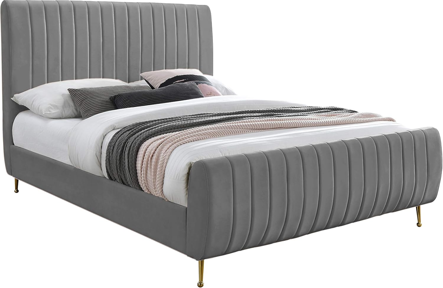 Meridian Furniture Zara Collection Modern | Contemporary Velvet Upholstered Bed with Deep Channel Tufting and Custom Gold Legs, Queen, Grey