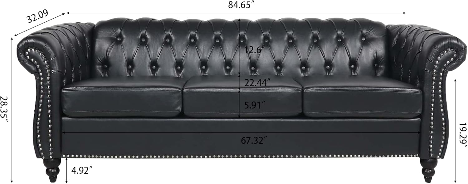 Furniture Comfy Couch Contemporary Black PU Rolled Arm Chesterfield Three Seater Sofa - Stylish and Comfortable Sofas para sala
