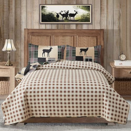 MINCHI Lodge Quilt Set Twin Size Plaid Patchwork Rustic Cabin Bedding Moose Deer Printed Beige Gingham Grid Bedspread Coverlet Soft Lightweight Reversible All Season Bed Sheet, 1 Quilt 2 Pillow Shams