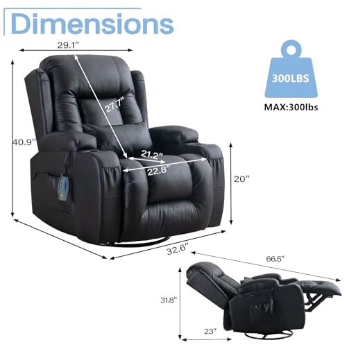 TUNYI Recliner Chair, Swivel Rocker Recliner Chair with Massage and Heat for Adults, PU Leather Rocking Chair with Cup Holder/Side Pocket/Lumbar Pillow for Living Room (Blue Grey)